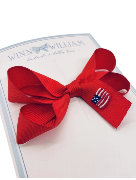 Winn and William Hand Embroidered Bows Small Americana Bow- Red