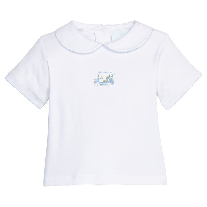 Little English Crochet Peter Pan Shirt- Blue Golf Cart