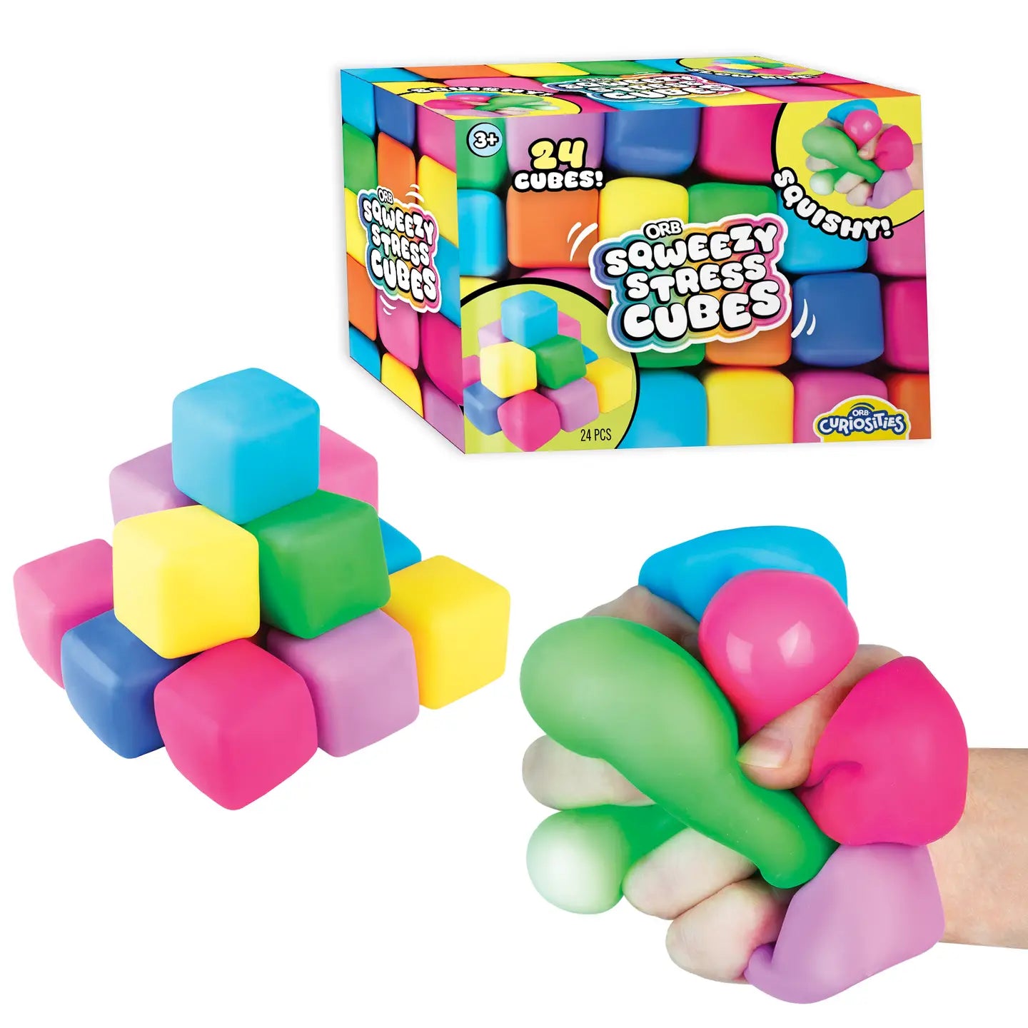 Colorful squishy stress cubes with packaging on a white background