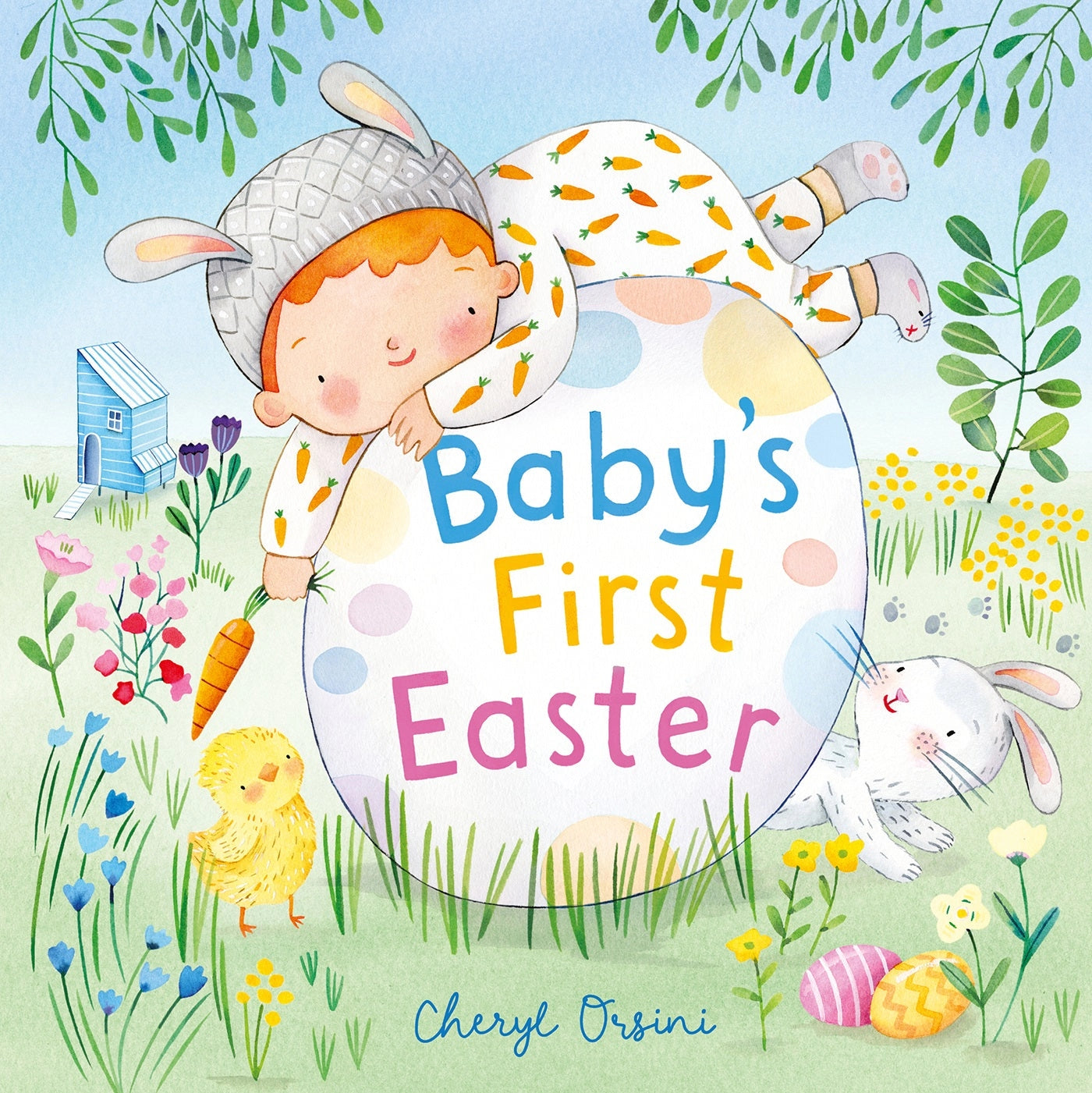 Handprints and bunny tracks.
Follow the path to the Easter egg hunt!

 Share in the delight of baby's very first Easter in this gorgeous board book from bestselling creator Cheryl Orsini. 