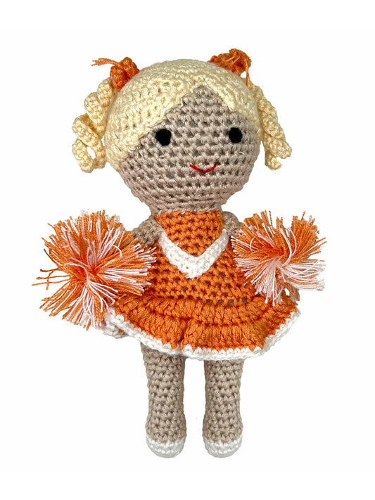 Cheerleader Bamboo Crochet Rattle - Orange & White