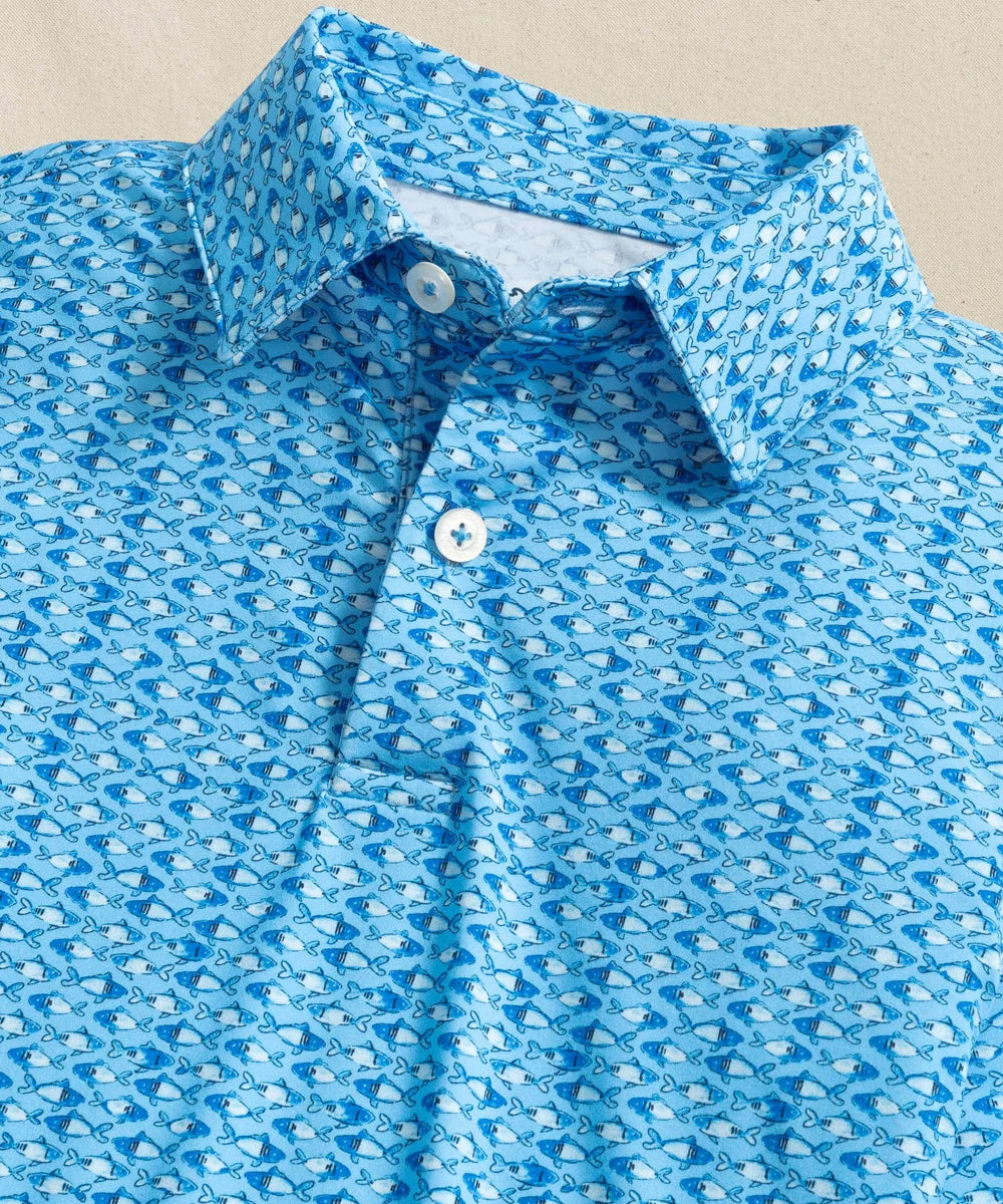 Southern Tide Boys Driver Fish Printed Performance Polo- Ocean Channel