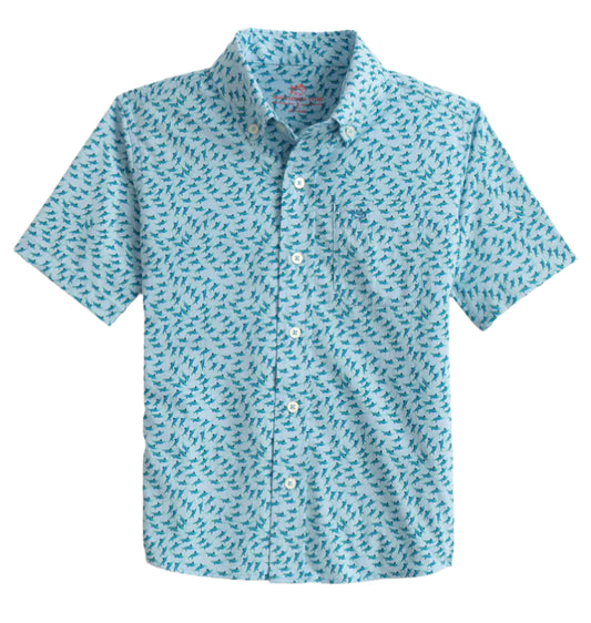 Southern Tide Intercoastal Fintastic Short Sleeve Sport Shirt- Cerulean