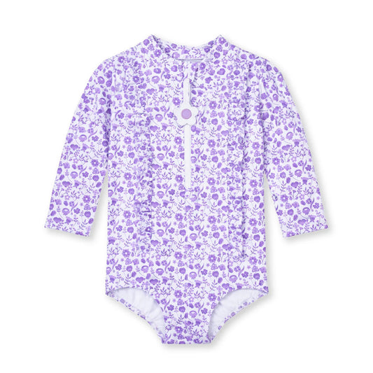 Florence Eiseman Floral Print One Piece Rashguard With Ruffles