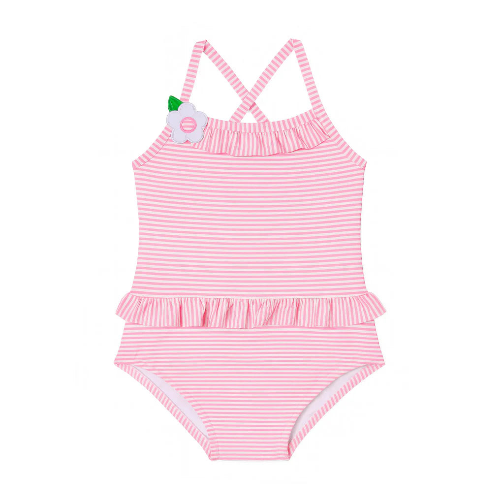 Florence Eiseman Pink Stripe Seersucker Swimsuit With Flower