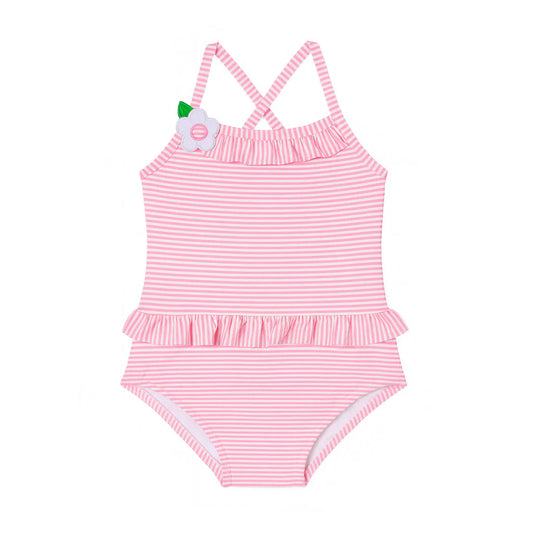 Florence Eiseman Pink Stripe Seersucker Swimsuit With Flower