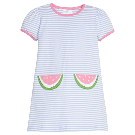 Little English Applique Pocket T-Shirt Dress- Watermelon