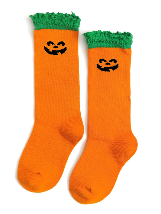 Little Stocking Co. Jack-O-Lantern Lace Top Knee High Socks