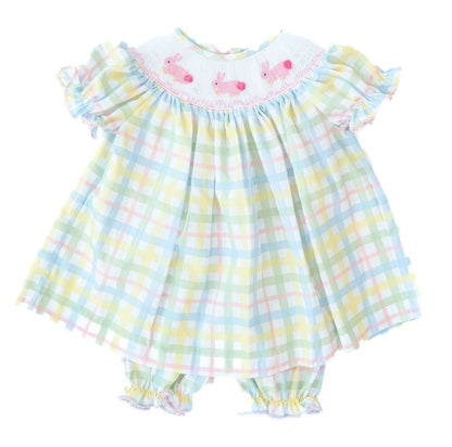 The Smocked Easter Bunnies Annabelle Bloomer Set features hand-smocked pink bunnies with cotton tails on soft pastel plaid fabric, adding a traditional touch.