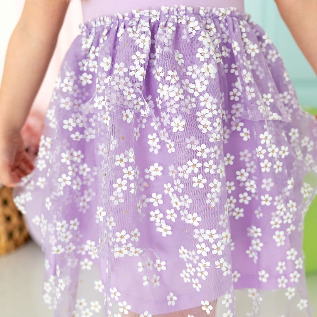 Sweet Wink Lavender Ditsy Daisy Easter Tiered Short Sleeve Tutu Dress