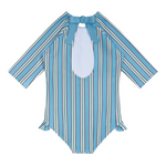 Minnow Girls Isla Blue Stripe Quarter Sleeve Rashguard One Piece