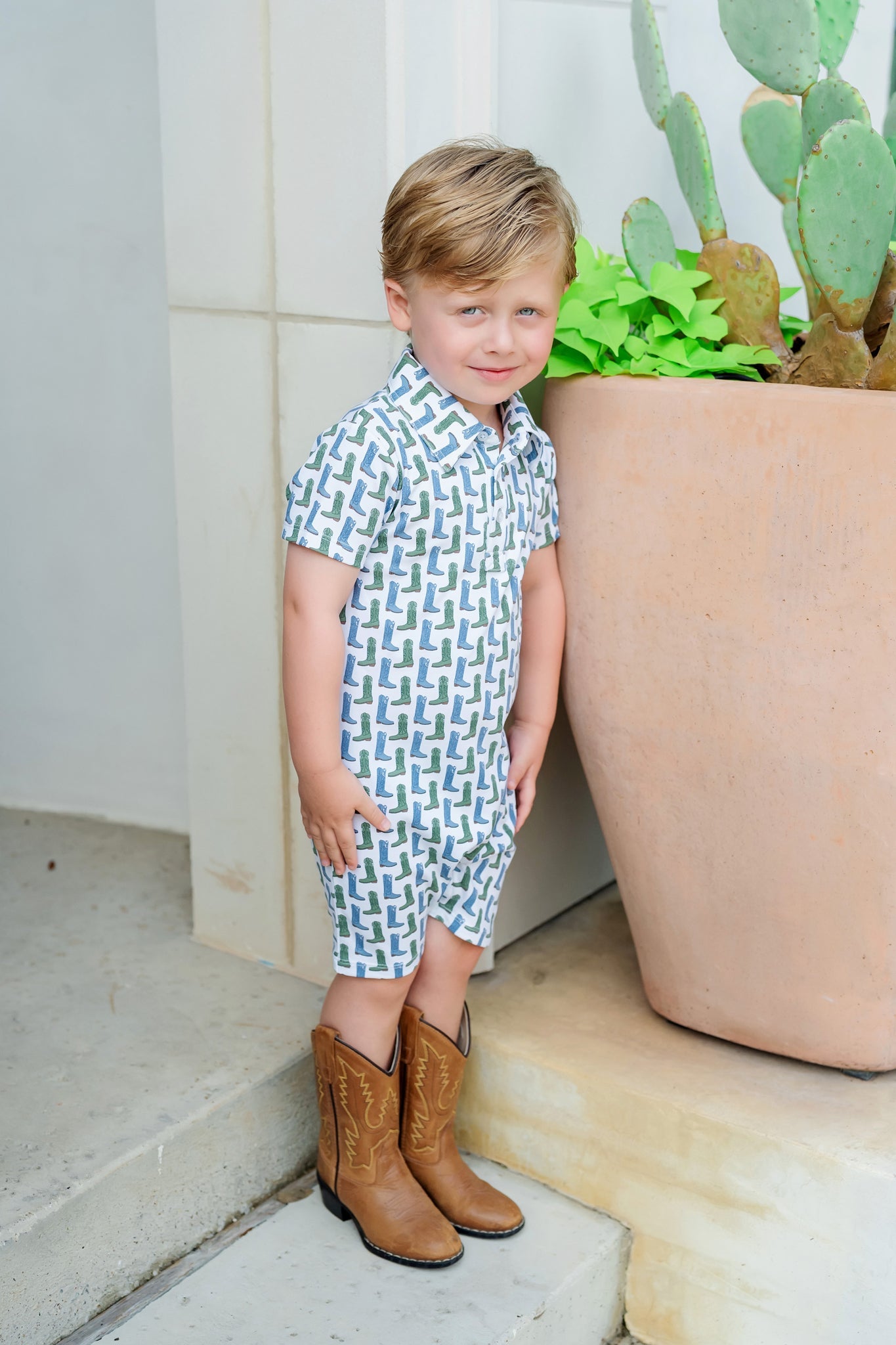 Lila and Hayes Tripp Boys' Polo Shortall - Cowboy Boots