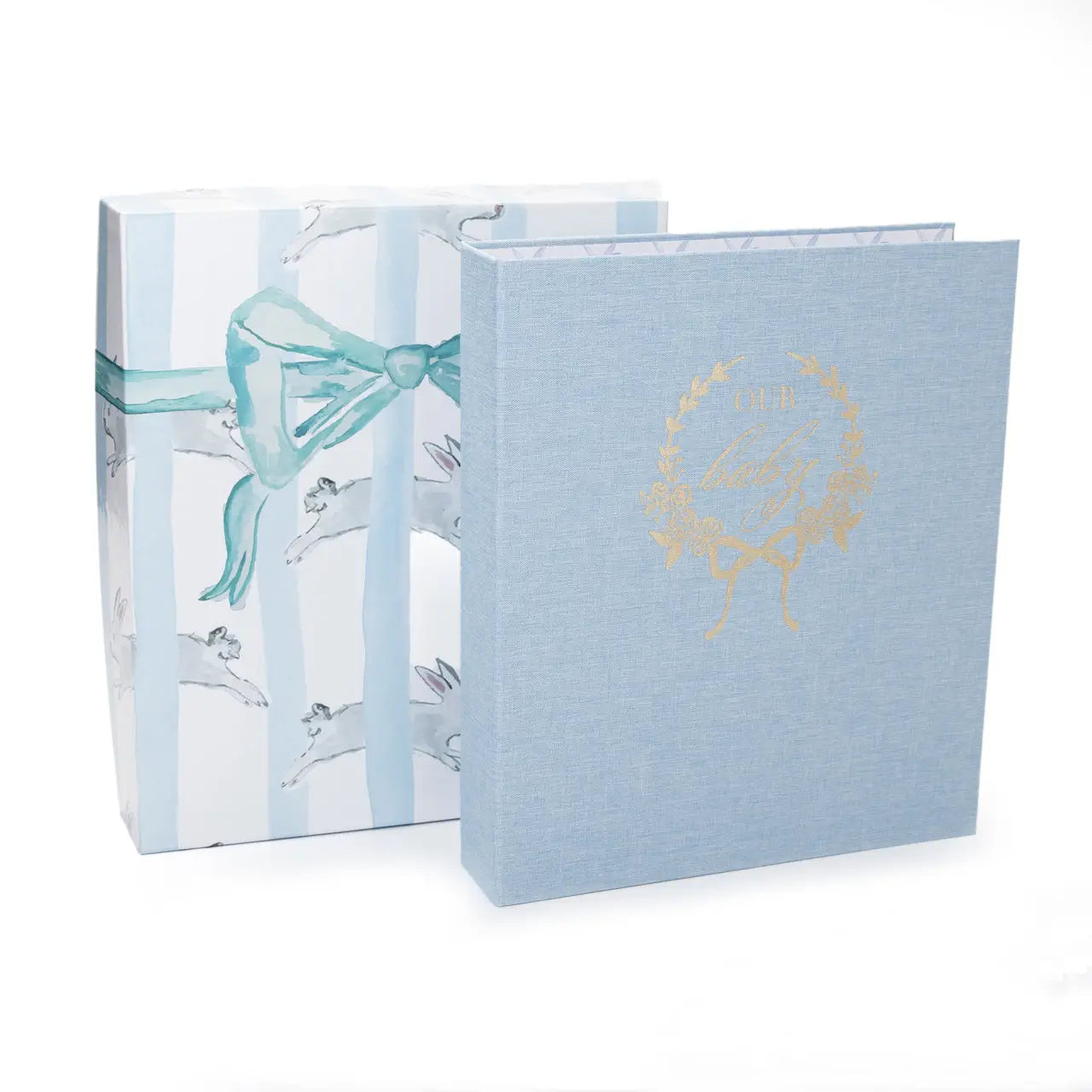 Light blue album with gold design and ribbon on a white background