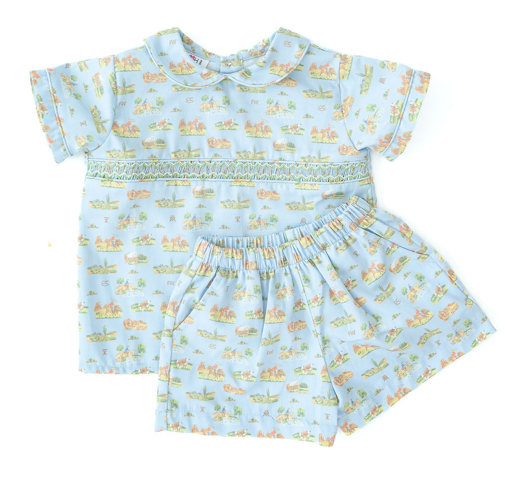 Ruth and Ralph Smocked Cowboy Toile Samuel Shirt/Shorts Set