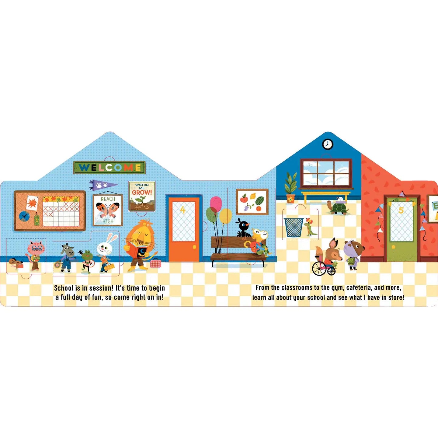 Illustration of a school building with colorful classrooms and students, featuring a 'Welcome' sign.