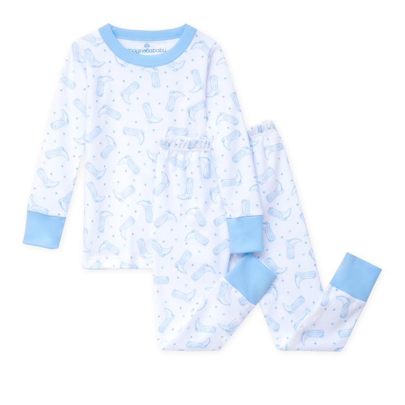 Magnolia Baby Darling Cowboy Boots Long Pajamas- Light Blue