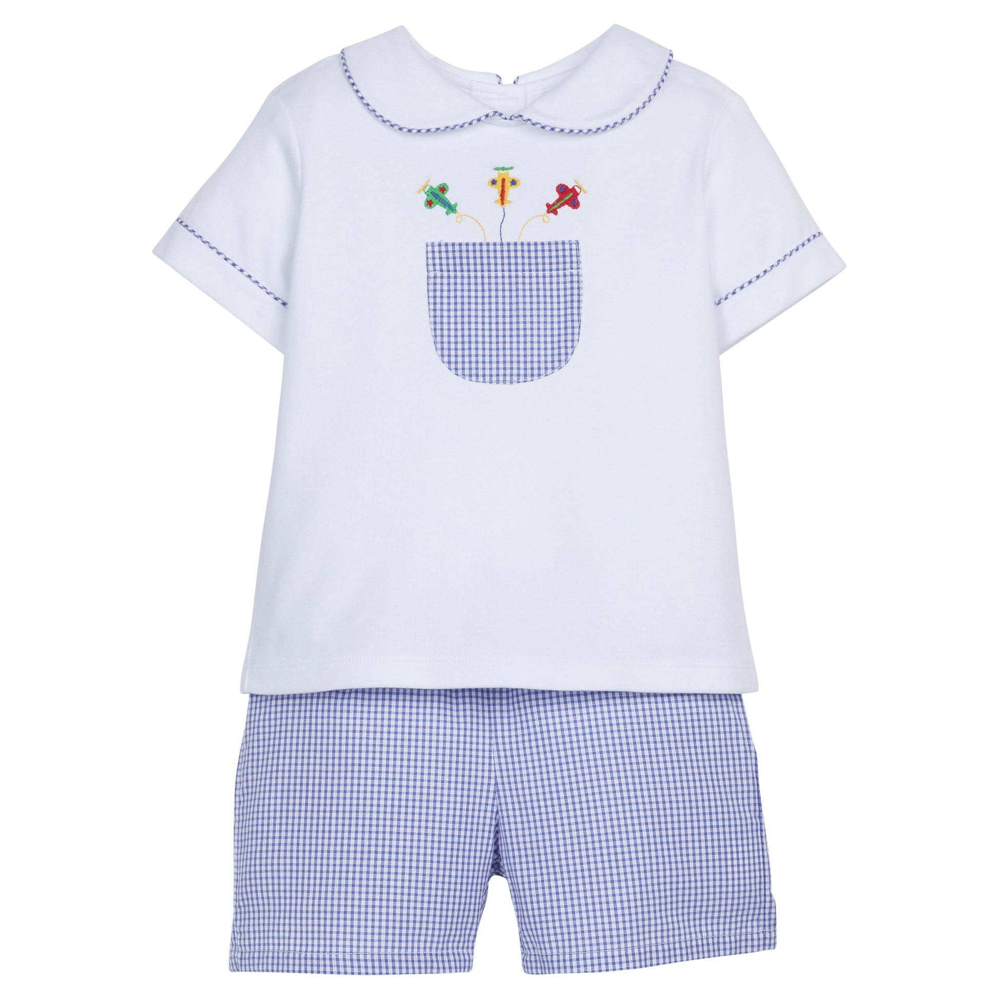 Little English Embroidered Peter Pan Short Set- Airplanes