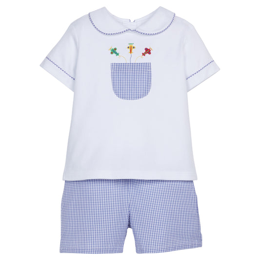 Little English Embroidered Peter Pan Short Set- Airplanes
