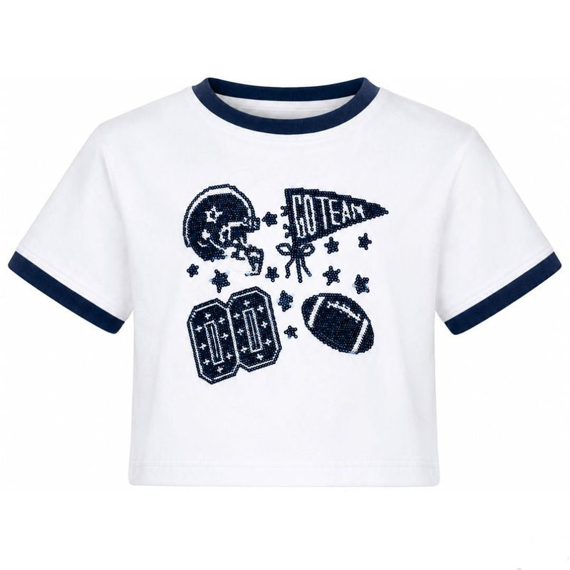 Sequin Football Elements Boxy Tee- Navy