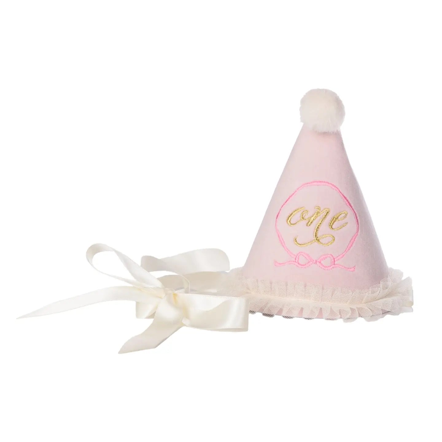 Over the Moon One Party Hat with Pink Bow Embroidery 