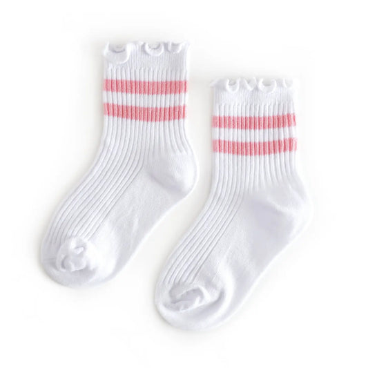 Little Stocking Co. Ribbed Lettuce Trim Midi Socks- White and Blossom Stripe