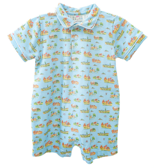 Ruth and Ralph Blue Cowboy Toile Pima Harold Romper