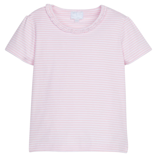 Little English Short Sleeve Scoop Ruffle Tee- Light Pink Stripe