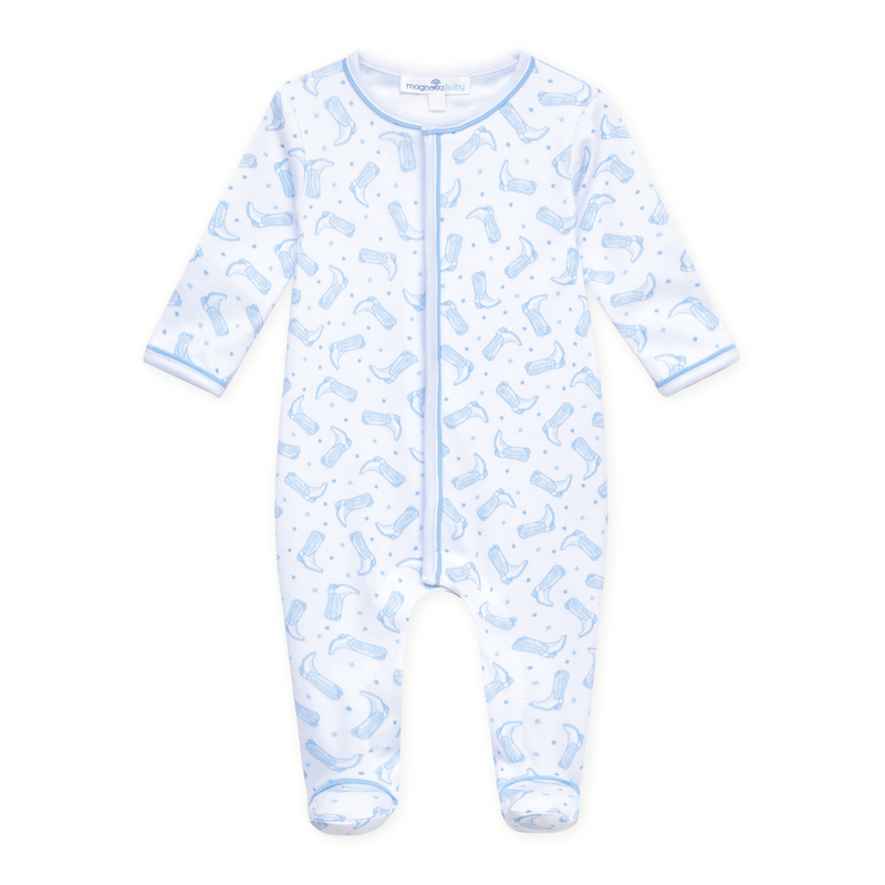 Magnolia Baby Darling Cowboy Boots Printed Footie- Light Blue