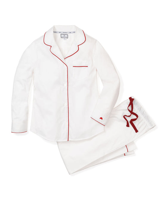 Petite Plume Women's Classic White Twill Pajama Set with Red Piping