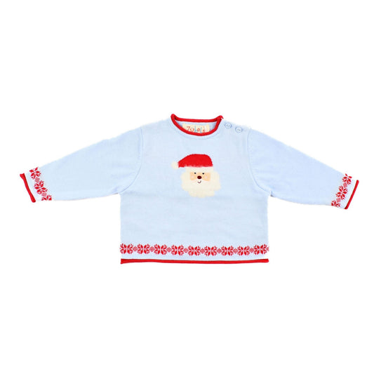 A light blue sweater with a Santa face. 