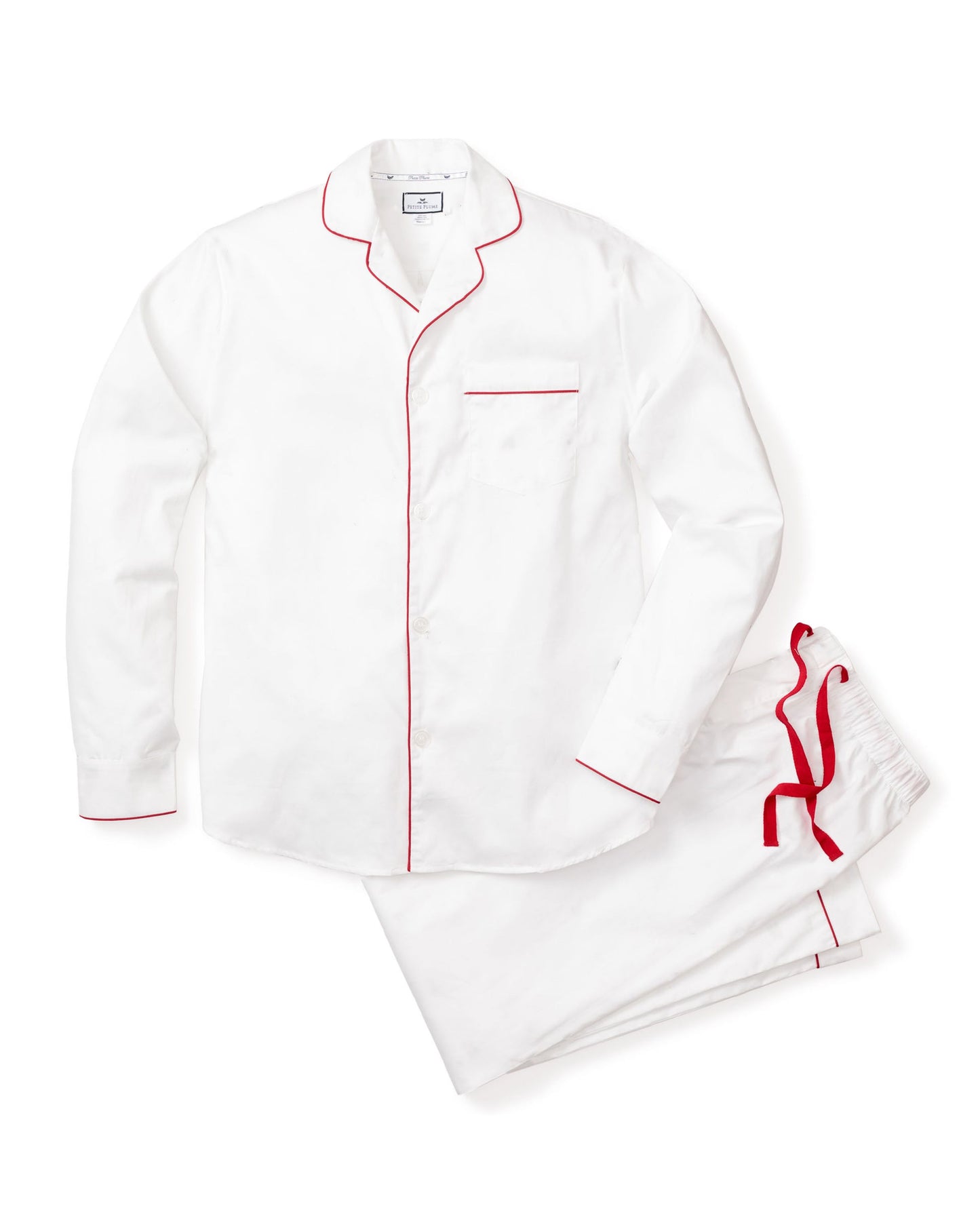 Petite Plume Men's Classic White Twill Pajama Set with Red Piping