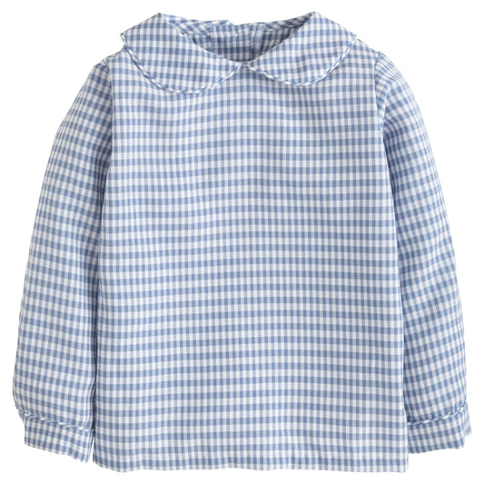 Little English Peter Pan Shirt - Gray Blue Gingham 