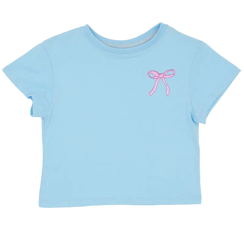 Pink Glitter Bow Boxy Tee- Light Blue