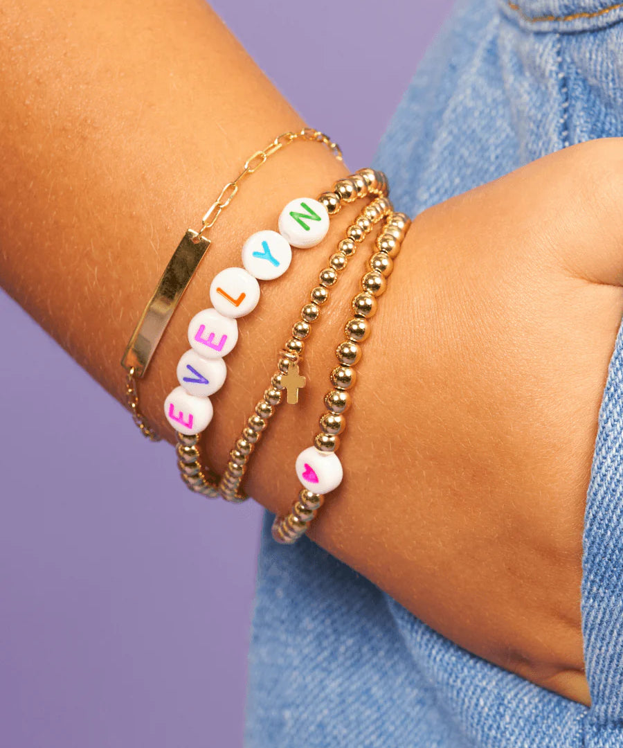 LeMel Kid's Custom Everyday Stretch Bracelet- White Bead With Rainbow Letters
