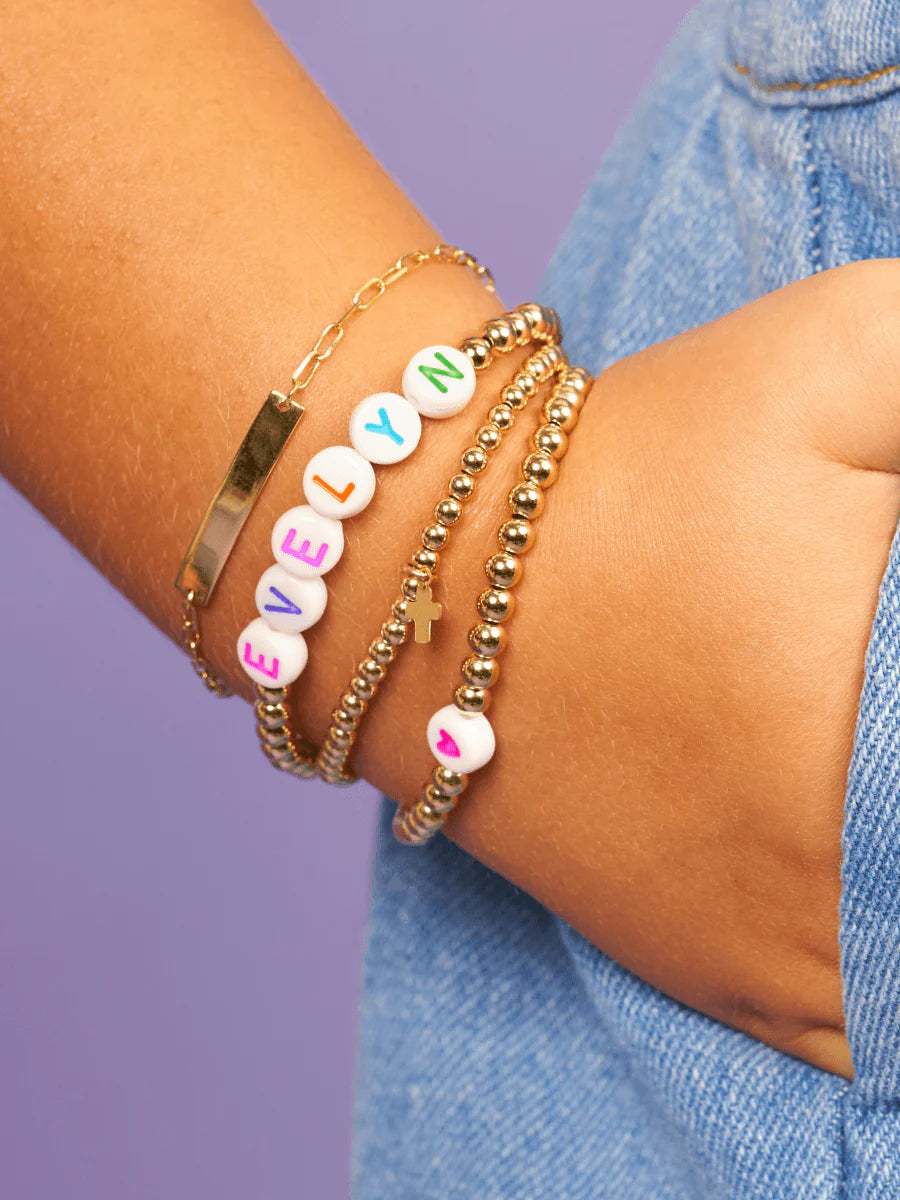 LeMel Kid's Custom Everyday Stretch Bracelet- White Bead With Rainbow Letters