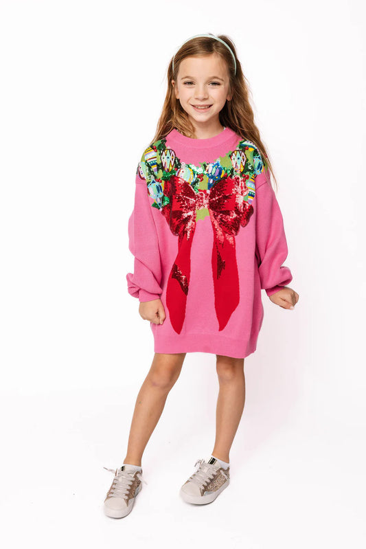 Kids Bright Pink Multi Wreath Around Neck Sweater Dress