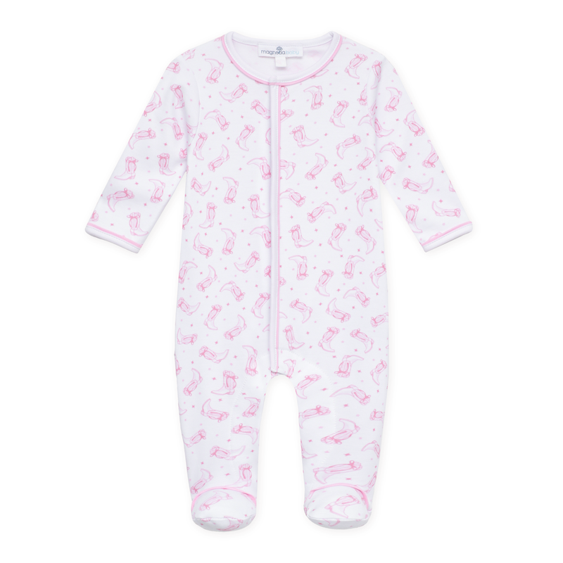 Magnolia Baby Darling Cowboy Boots Printed Ruffle Footie- Pink