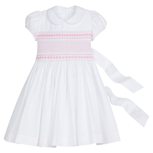 Little English Smocked Emery Dress- White with Light Pink
