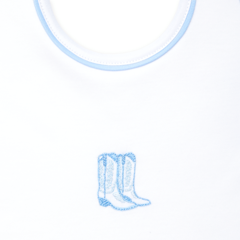 Magnolia Baby Darling Cowboy Boots Bib- Light Blue