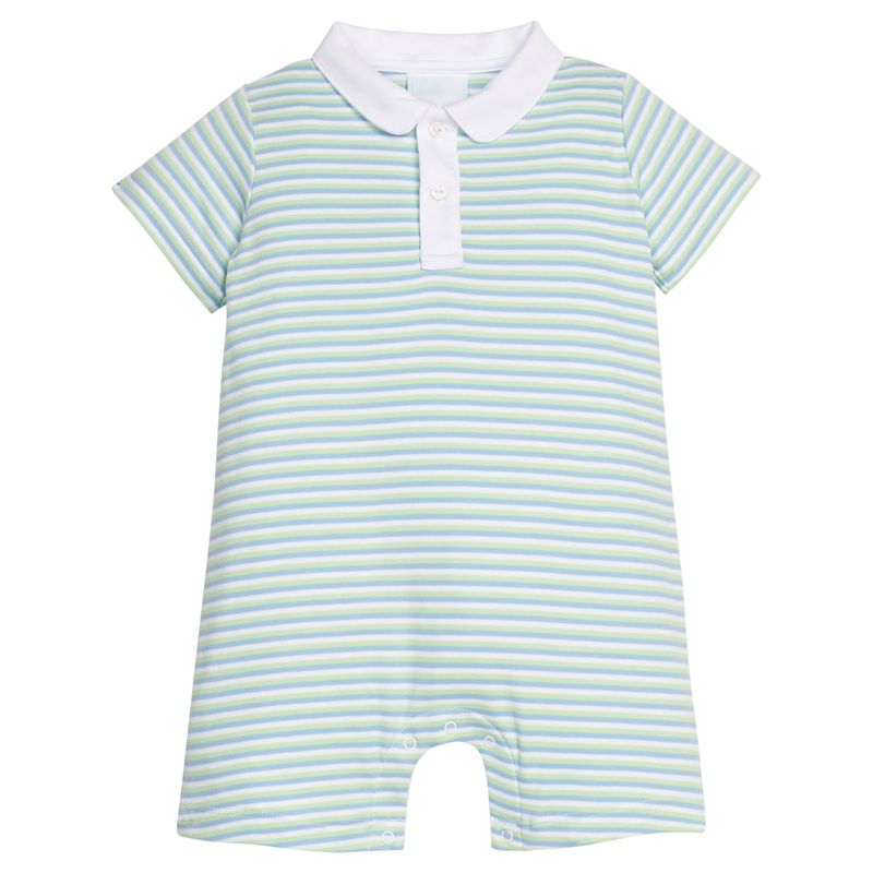 Little English Peter Pan Polo Romper- Greenview Stripe