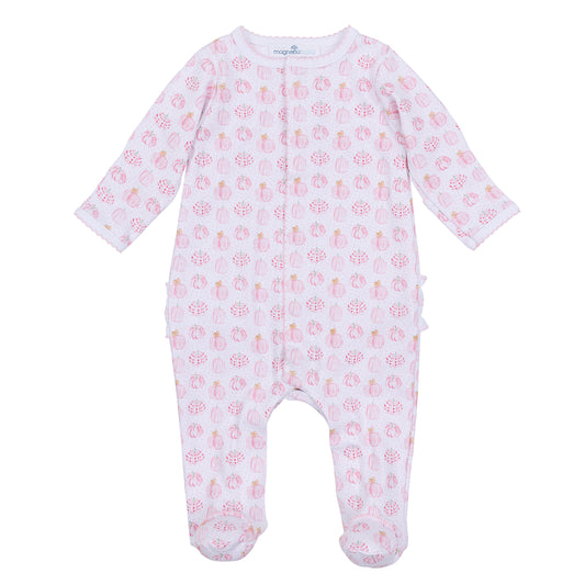 Precious Pumpkins Printed Ruffle Footie- Pink