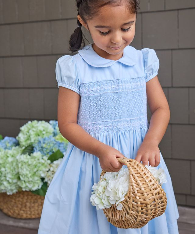 Smocked Emery Dress- Light Blue With White