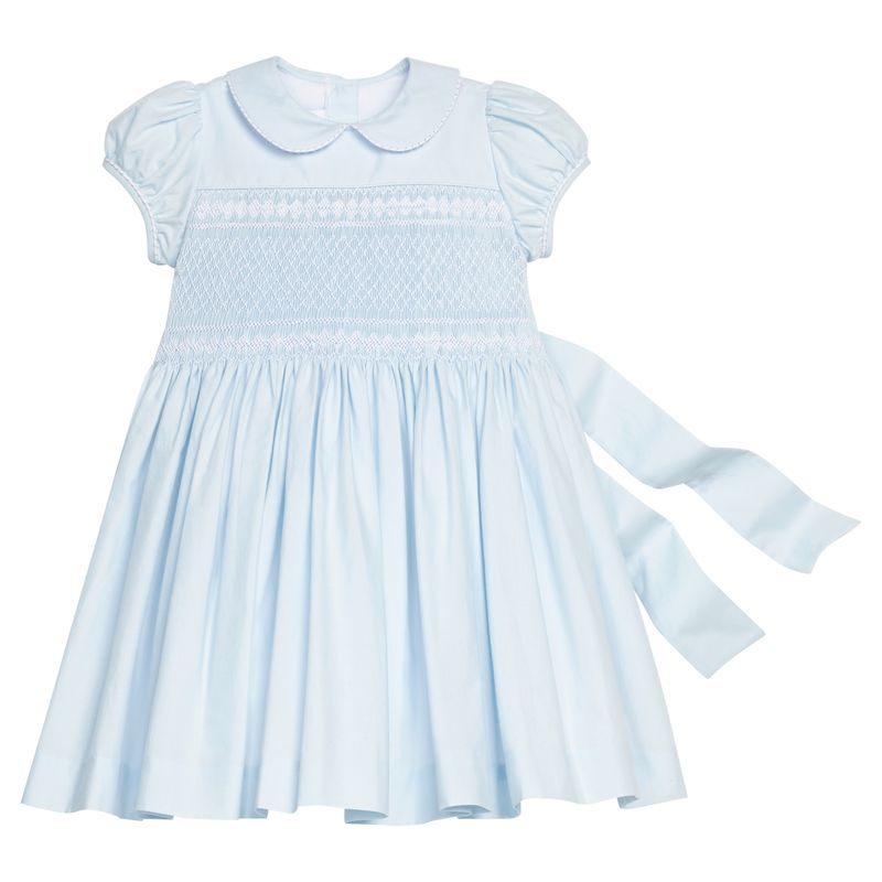 Little English Smocked Emery Dress- Light Blue With White