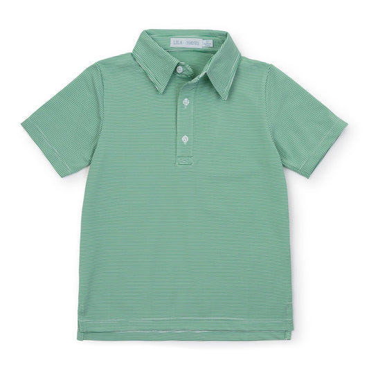 Lila and Hayes Will Performance Polo Shirt - Green and White Stripes