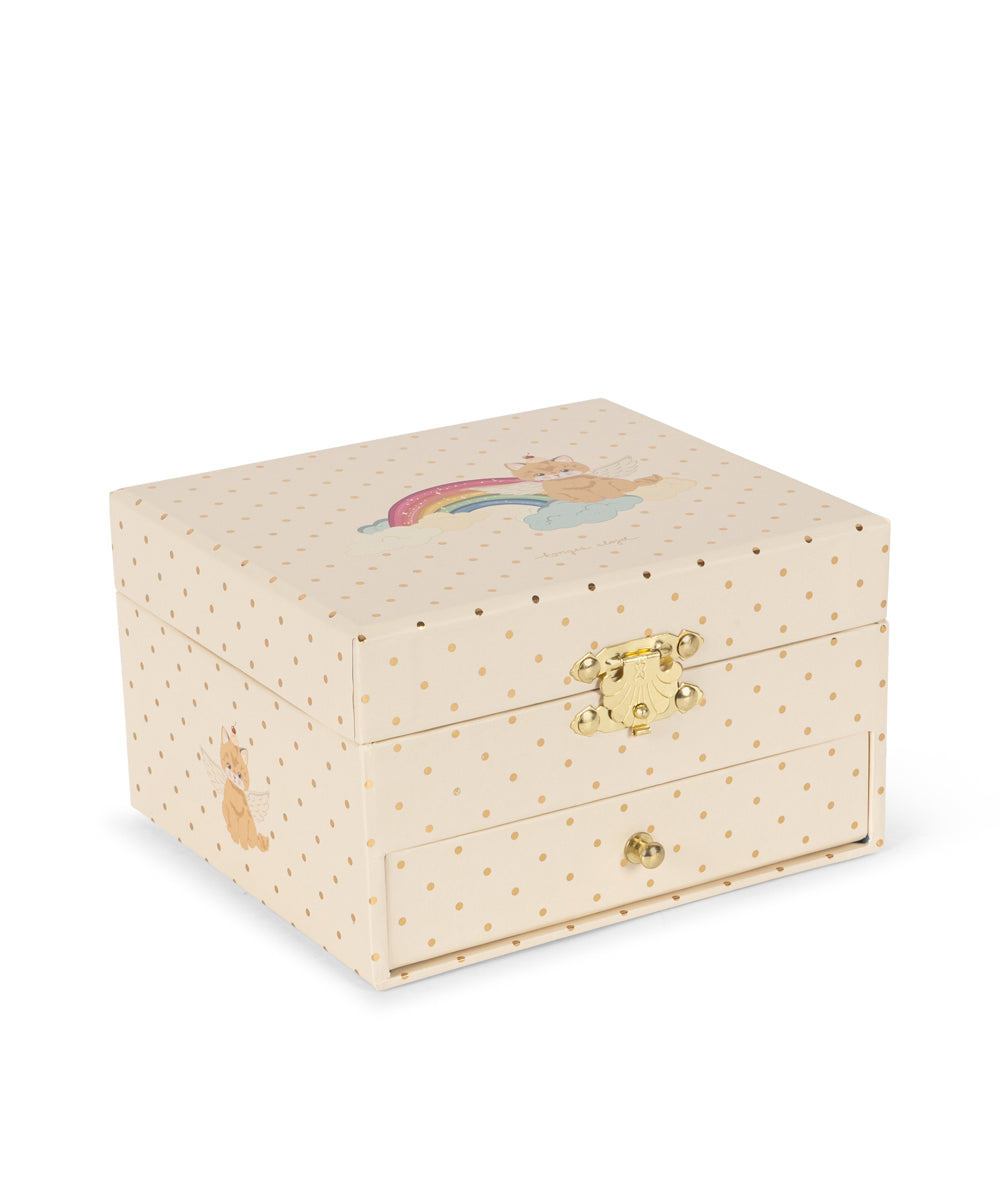 A cream-colored wooden jewelry box with a gold-tone clasp and a small rainbow illustration on the lid, set against a plain white background.