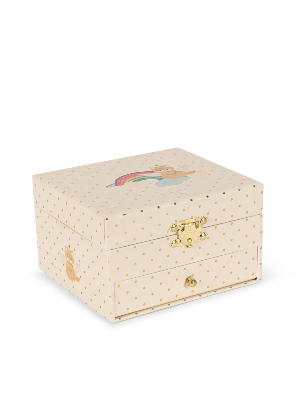 A cream-colored wooden jewelry box with a gold-tone clasp and a small rainbow illustration on the lid, set against a plain white background.