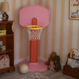 Children's pink basketball hoop in a room with striped wallpaper and toys.