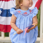 Little English Patriotic Smocked Bishop Bubble with American Flags for Baby Girl