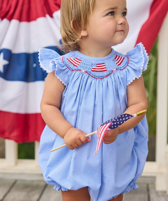 Little English Patriotic Smocked Bishop Bubble with American Flags for Baby Girl