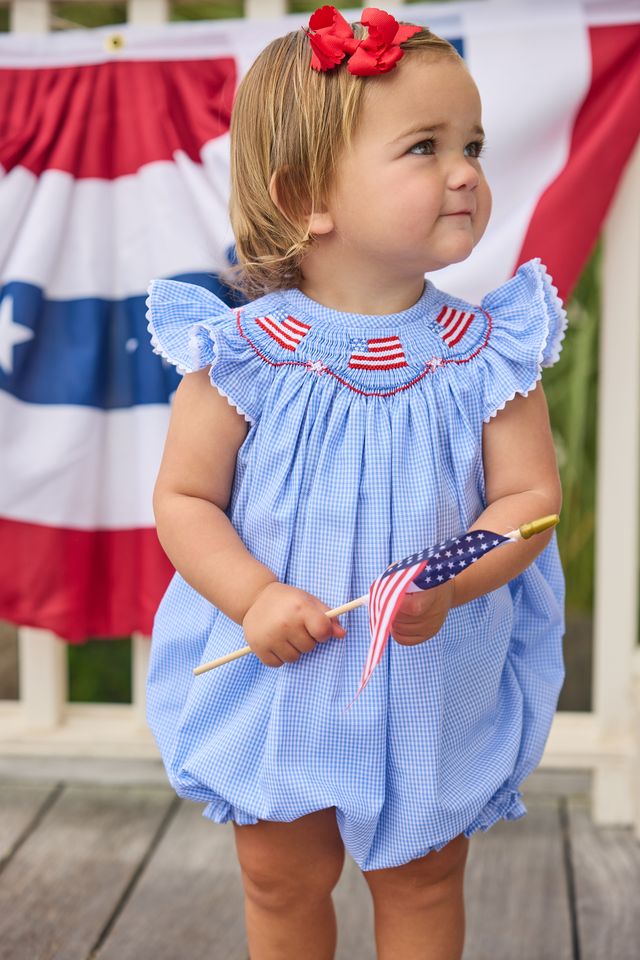 Little English Patriotic Smocked Bishop Bubble with American Flags for Baby Girl
